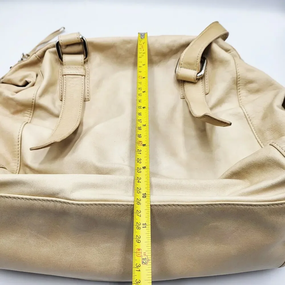 Club Monaco Beige 100% Leather Slouchy Satchel Handbag Gathered Side Detail